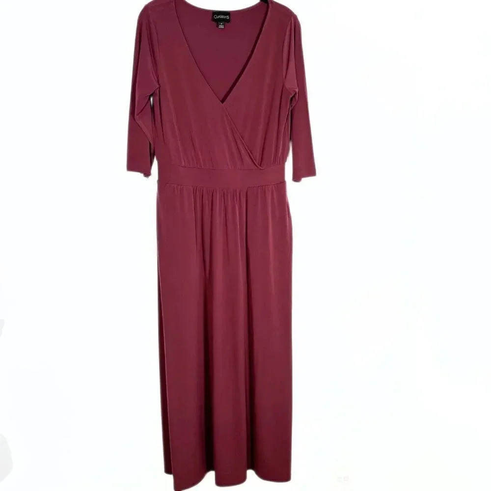 Curations Maxi‎ Dress Size Small Petite Burgundy Wine Crossover Top Long Sleeved